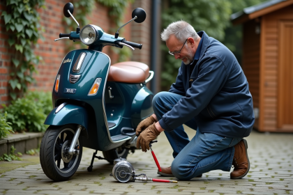 Homme vérifiant la pression des pneus de son scooter Dax en extérieur