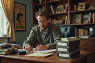 Homme dans la trentaine examine des cassettes VHS anciennes