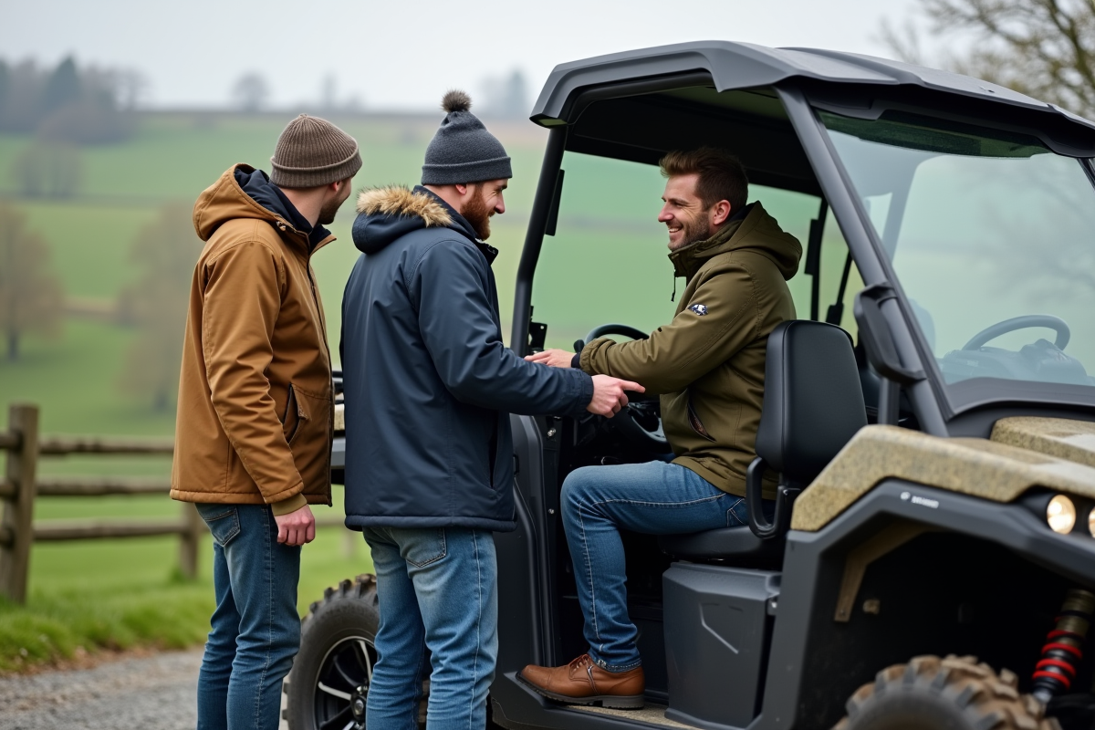 Deux hommes examinent un quad moderne en campagne