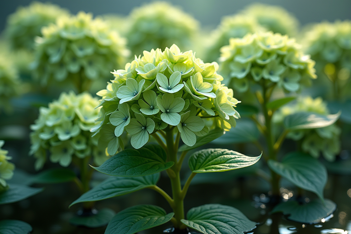 Hydrangeas en eau avec racines visibles et feuillage vert