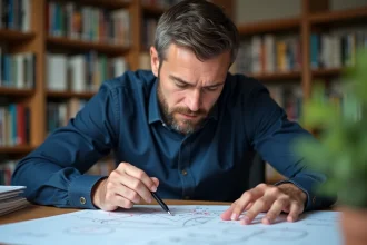 Ingénieur corrigeant une erreur de calcul de champ électrique sur des formules manuscrites posées sur un bureau en bois
