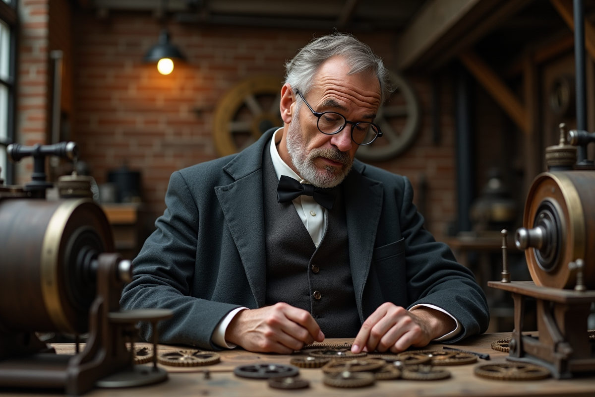 Ingénieur vintage dans un atelier ancien en pleine réflexion