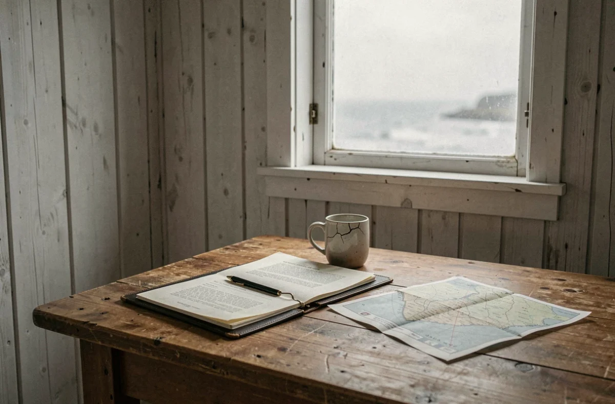 Intérieur de chalet suédois avec dossier d'enquête ouvert sur une table en bois, atmosphère de polar nordique à Sandhamn
