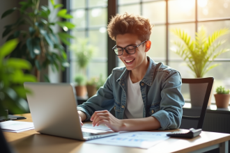 Jeune adulte souriant au bureau avec documents et ordinateur
