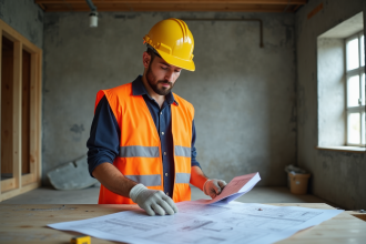 Jeune homme en formation construction étudie des plans
