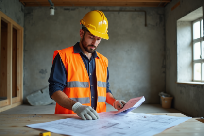 Jeune homme en formation construction étudie des plans