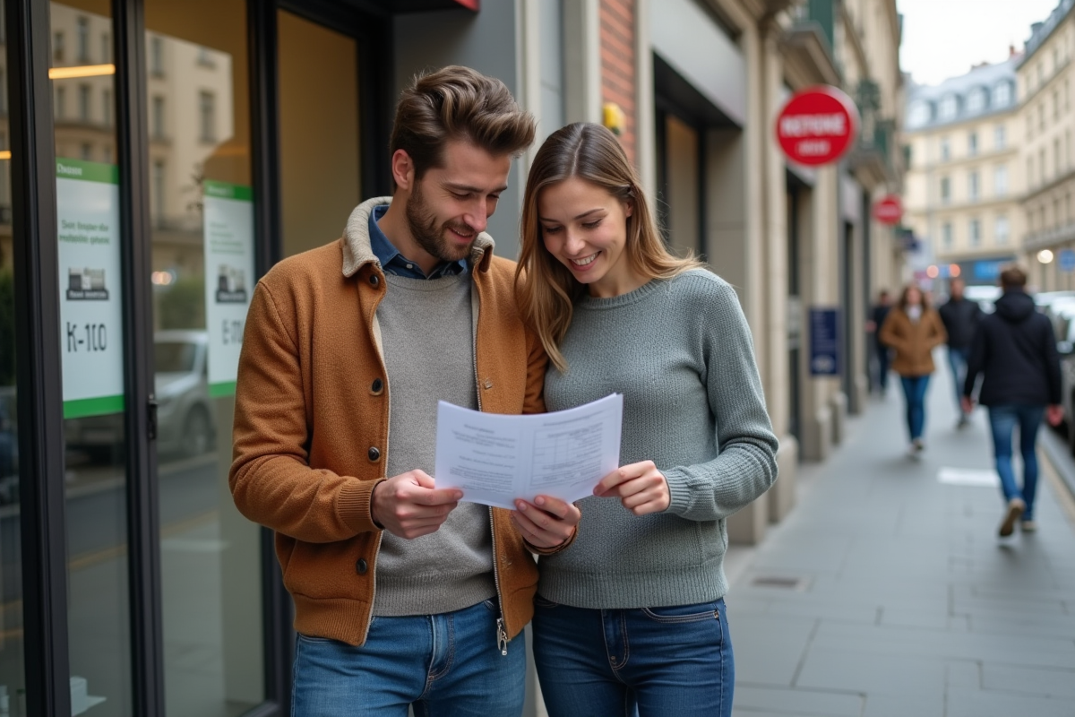 Jeune couple français examinant un taux immobilier en ville