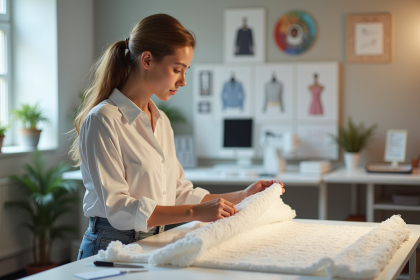 Jeune femme designer textile inspectant un tissu intelligent