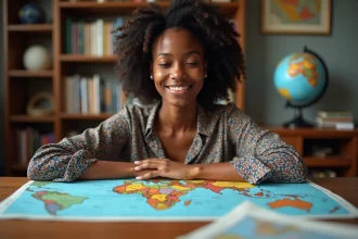 Jeune femme africaine étudie une carte de l'Afrique
