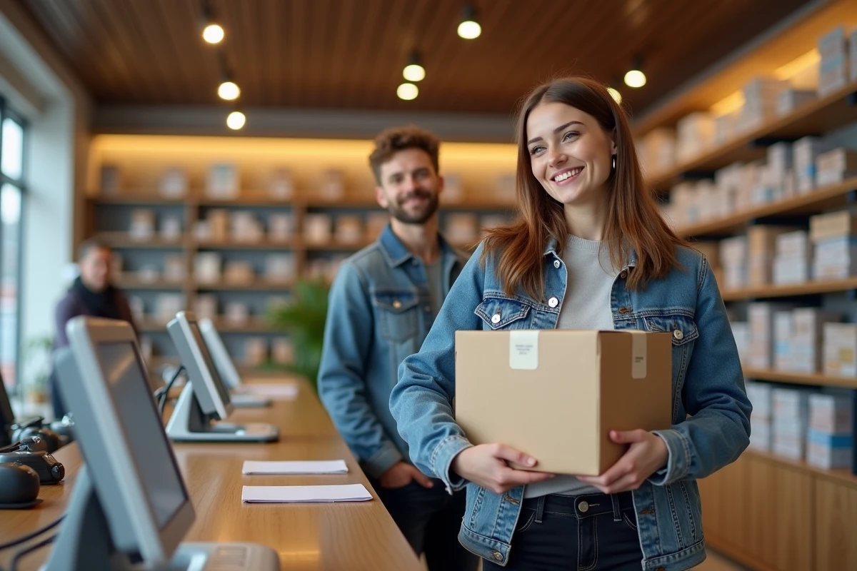 Jeune femme souriante avec colis dans un magasin moderne