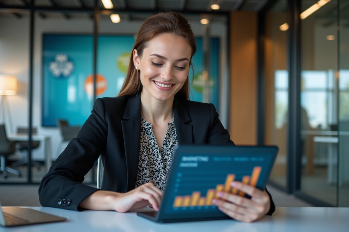 Jeune femme d'affaires analysant des données marketing sur une tablette