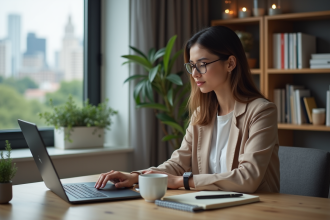 Jeune femme en ligne marketing dans un bureau moderne