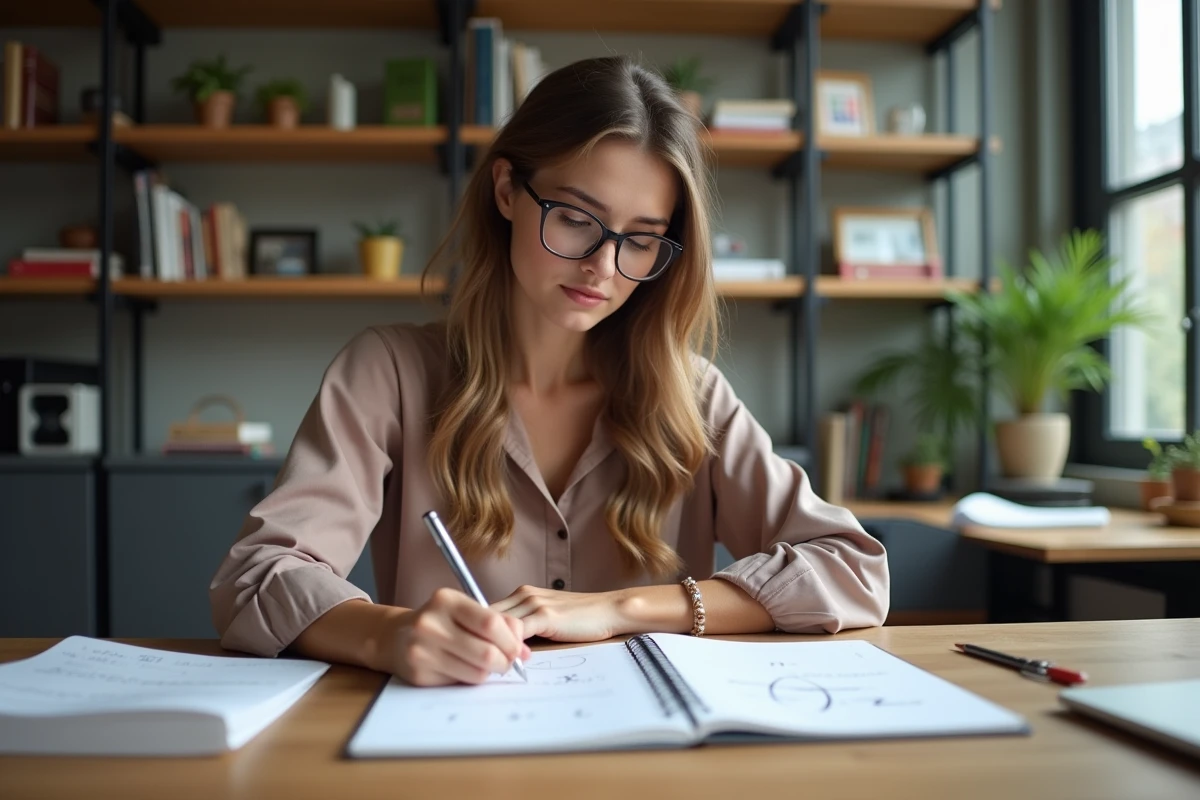 Jeune femme en blouse écrivant notes mathématiques