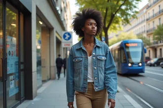 Jeune femme noire marchant dans Paris avec laboratoire en arrière-plan