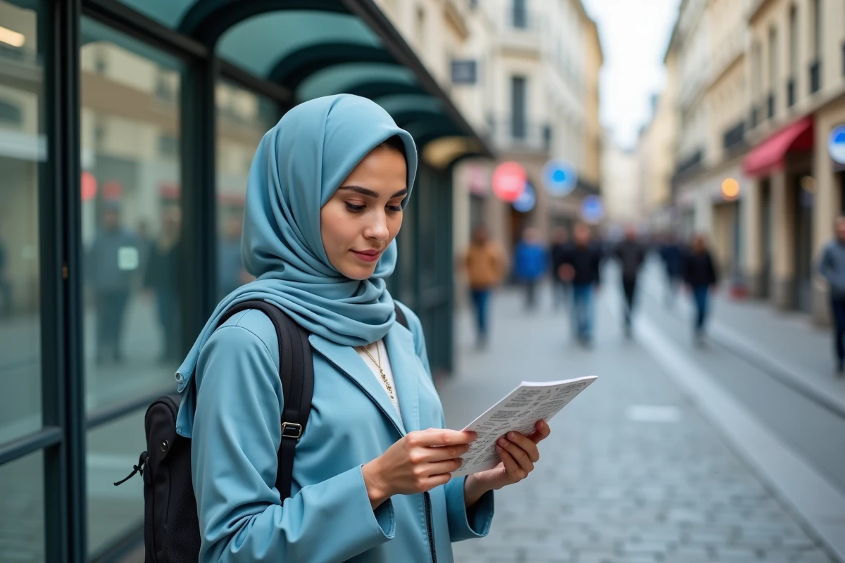Jeune femme musulmane consulte un calendrier de prières dans Reims