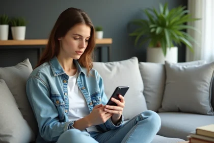 Jeune femme assise sur un canap&eacute; moderne en train de regarder son t&eacute;l&eacute;phone