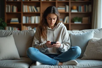 Jeune femme assise sur un canapé en ville regardant son smartphone