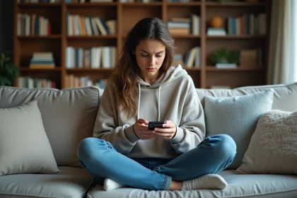 Jeune femme assise sur un canapé en ville regardant son smartphone