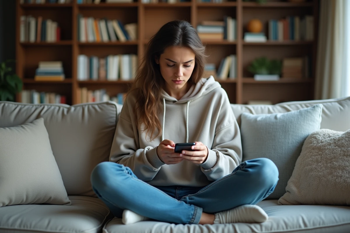 Jeune femme assise sur un canapé en ville regardant son smartphone