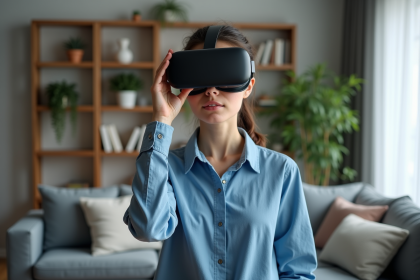 Jeune femme avec casque VR dans un salon moderne
