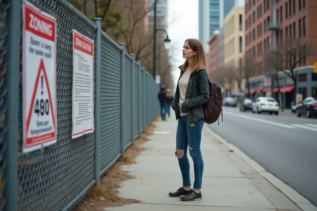 Jeune femme observant une affiche de zonage en ville