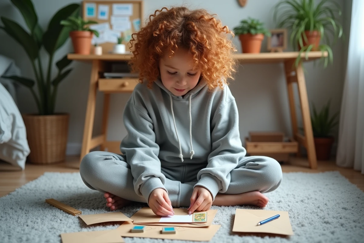 Adolescente collant un timbre sur une enveloppe kraft dans le coin supérieur droit, entourée de fournitures de papeterie