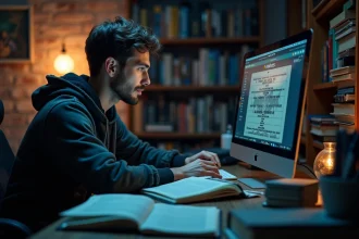 Jeune homme étudiant un système de progression de héros sur un ordinateur portable entouré de livres de fantasy et de notes manuscrites