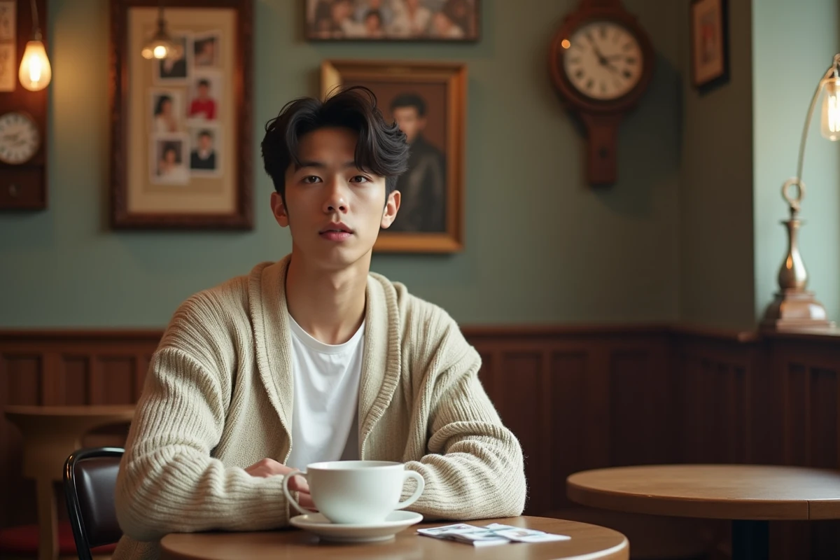 Jeune homme styl&eacute; assis dans un caf&eacute; kdrama &agrave; Paris