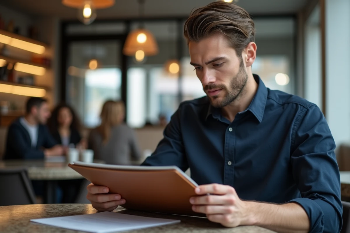 Jeune homme lisant un document dans un café moderne