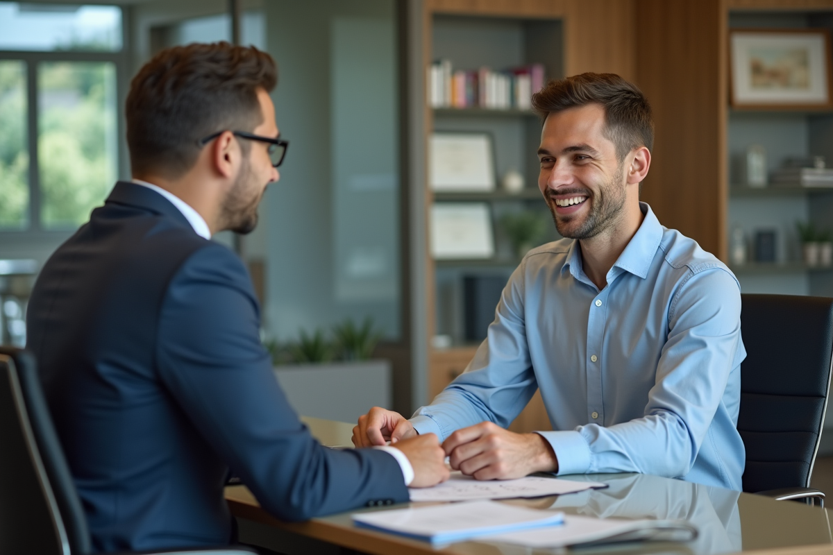 Jeune professionnel discute prêt immobilier avec conseiller