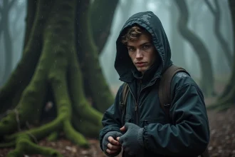 Jeune homme dans une forêt brumeuse avec arbres anciens