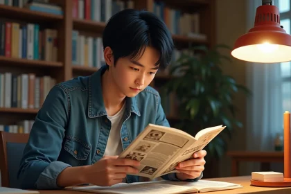 Jeune homme lisant un manga One Piece dans un int&eacute;rieur cosy