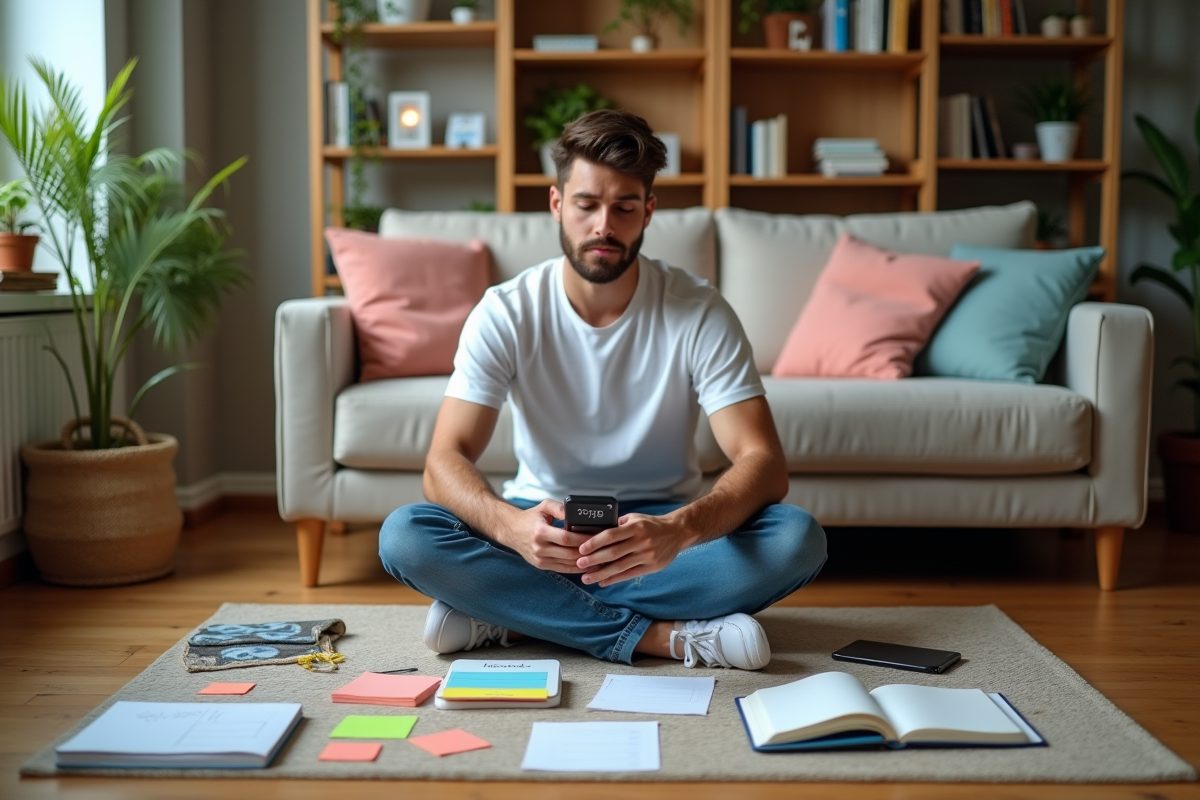 Jeune homme planifiant ses tâches avec notes colorées