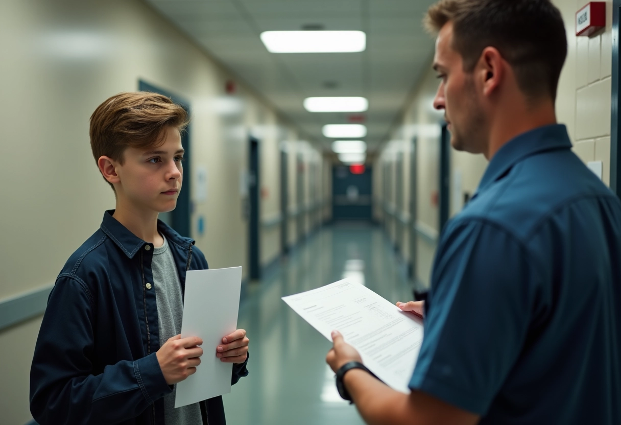 Jeune homme avec papiers au check-in dans un couloir
