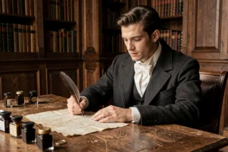 Jeune homme en costume du XIXe siècle écrivant à la plume sur un parchemin dans un cabinet de travail français d'époque, illustrant l'univers littéraire du Rouge et le Noir de Stendhal