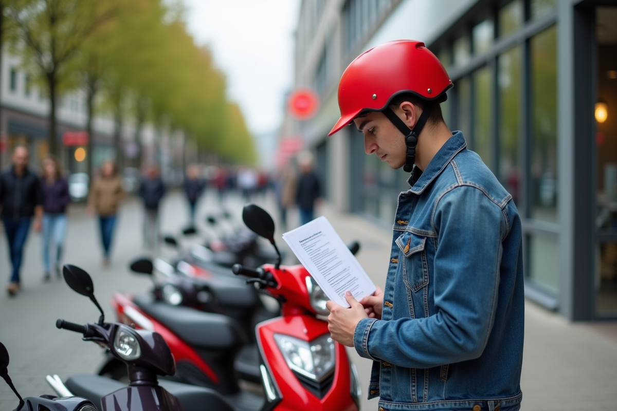 Jeune homme vérifiant un scooter rouge 50cc devant un concessionnaire