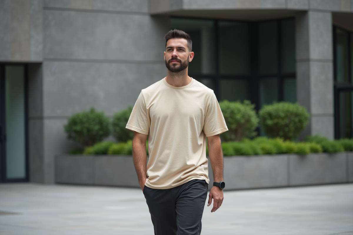 Jeune homme marche dans une rue urbaine moderne