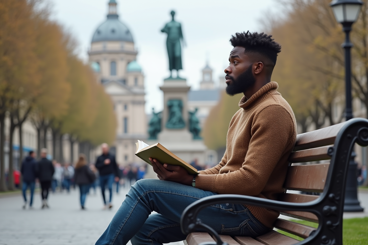 Jeune homme noir assis sur un banc dans une place européenne