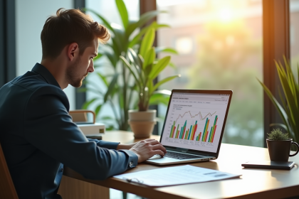 Jeune professionnel analysant des graphiques financiers lumineux