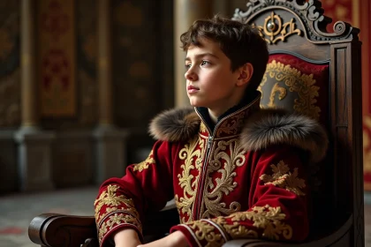 Jeune prince en robes royales médiévales assis sur un trone