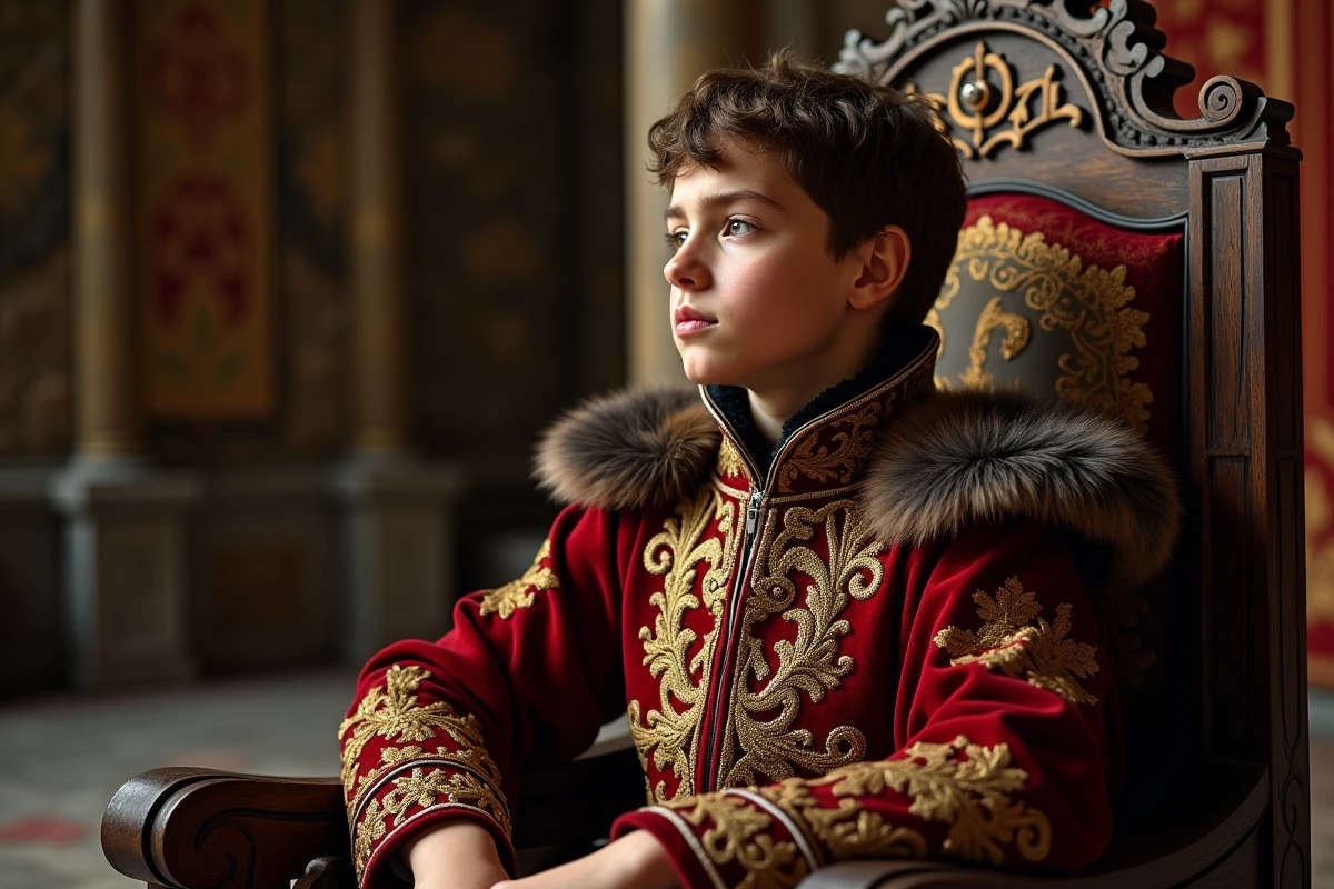 Jeune prince en robes royales médiévales assis sur un trone