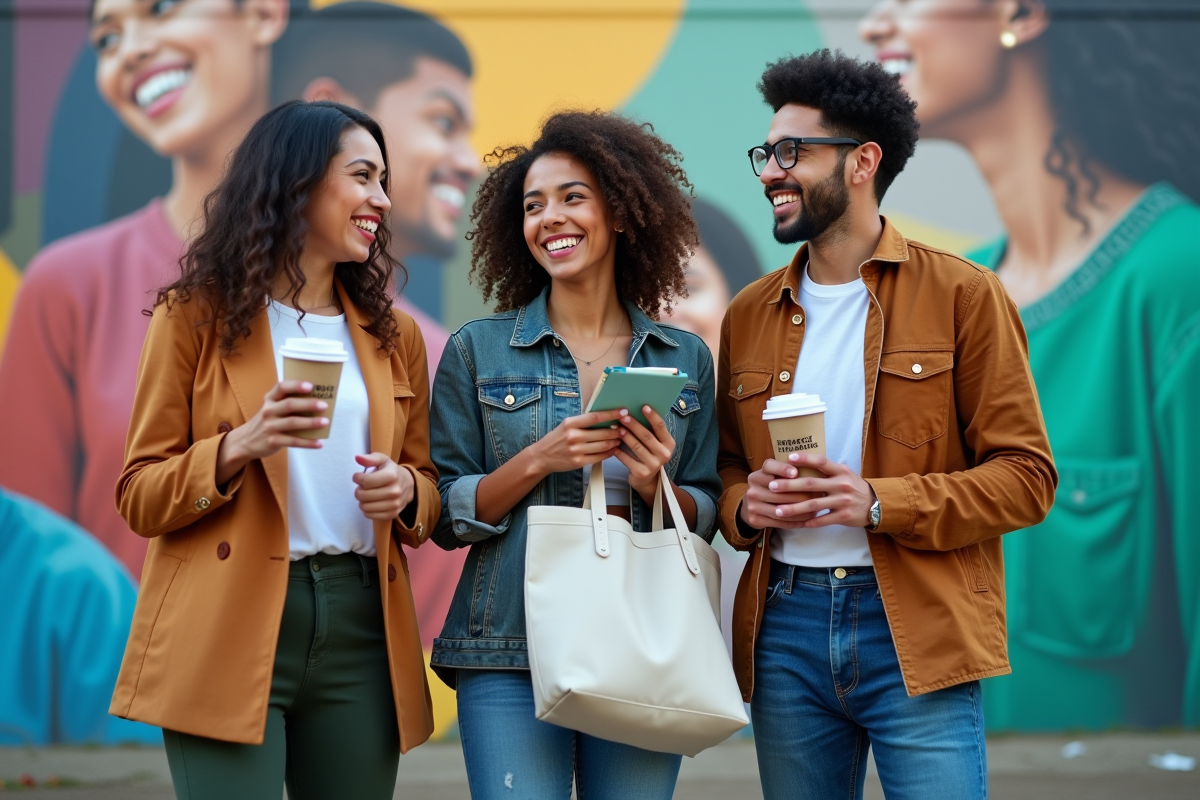 Trois jeunes adultes riant devant un mural créatif en extérieur