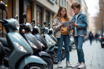 Adolescents examinant des scooters en ville