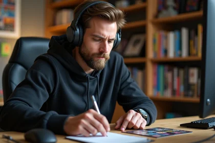 Homme concentr&eacute; jouant &agrave; un jeu de soci&eacute;t&eacute; dans sa chambre