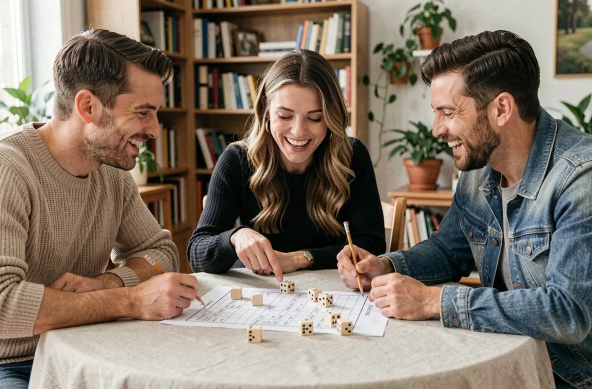 Groupe d'adultes jouant au 421 autour d'une table avec feuille de score imprimée et dés