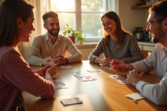 Quatre personnes jouent à SkipBo à la table en bois lumineuse