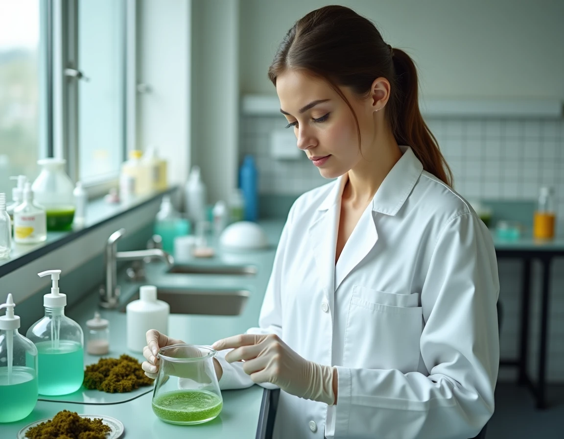 Chercheuse en cosmétique analysant un gel à base d'algues goémon dans un laboratoire de biotechnologie marine