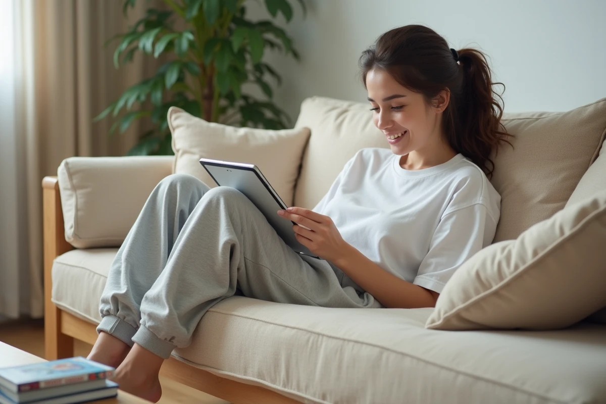 Jeune femme francophone allongée sur un canapé consultant un site de scans de manga sur tablette dans un salon minimaliste