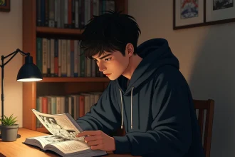 Jeune homme lisant un manga Blue Lock posé sur un bureau en bois dans une chambre cosy avec des étagères remplies de mangas
