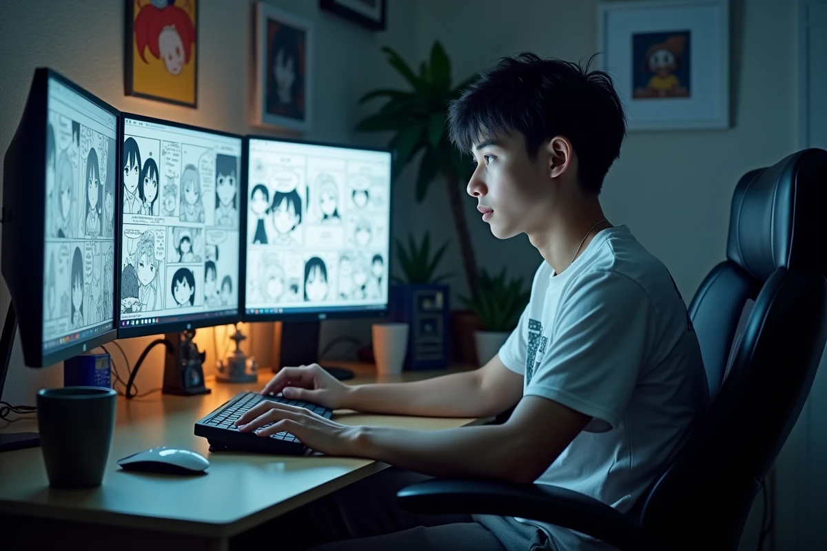 Jeune homme lisant un manga en ligne sur ordinateur dans son bureau gaming, représentant la popularité des plateformes de scantrad comme Epsilon chez les fans